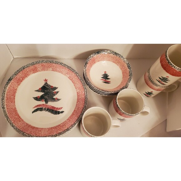 Gibson Christmas Star Dinnerware Set New 12pc Tree Spongeware Bowl Plate Mug Y2K - Picture 2 of 12